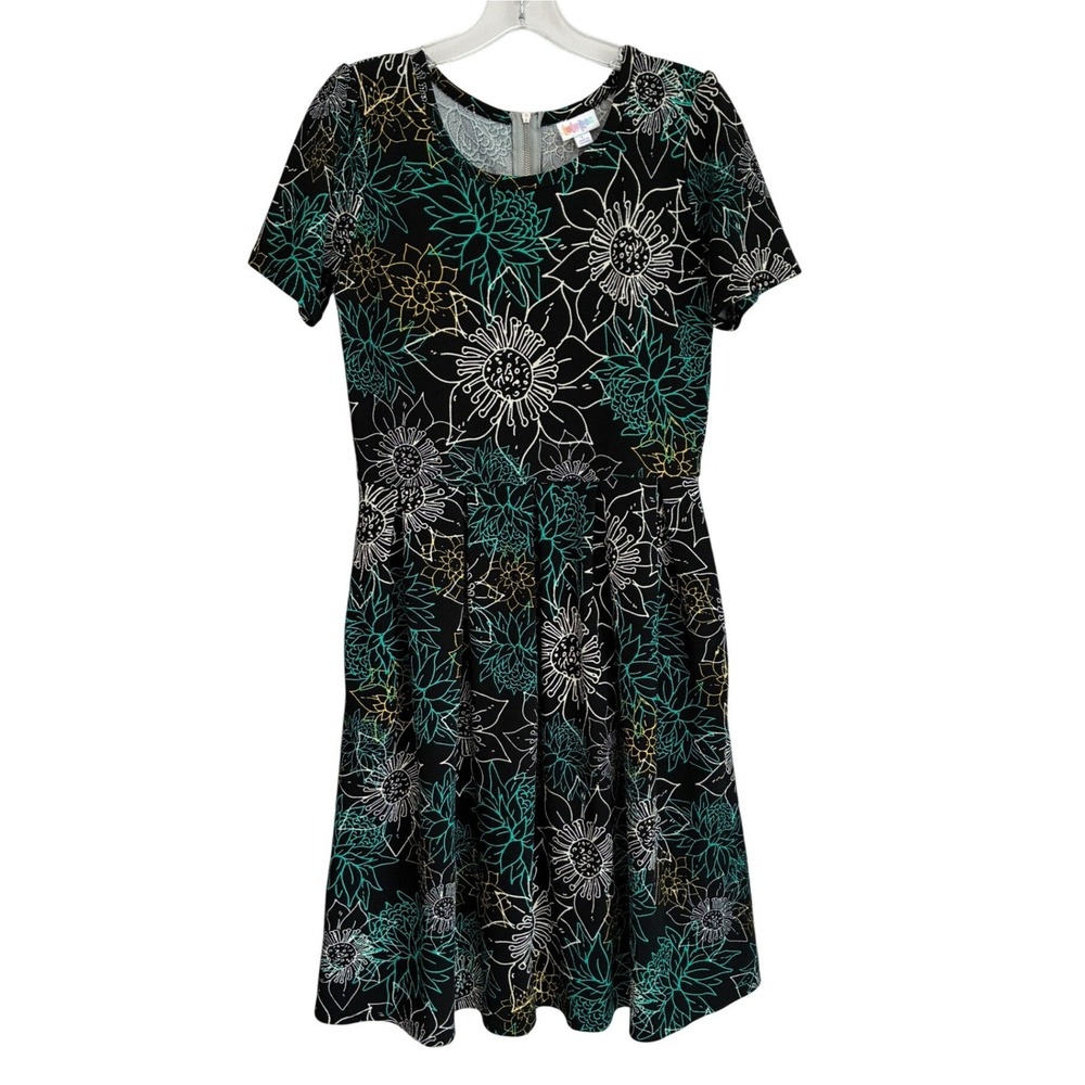 LuLaRoe Amelia Fit and Flare Dress Large Black Teal Floral Short Sleeve Pockets